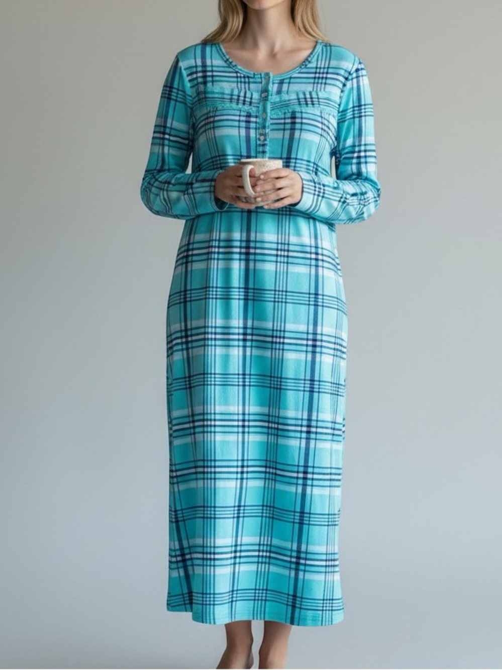 Adonna Sleepwear Blue Aqua Jolly Plaid Long Sleeve Maxi Nightgown Modest Pjs M